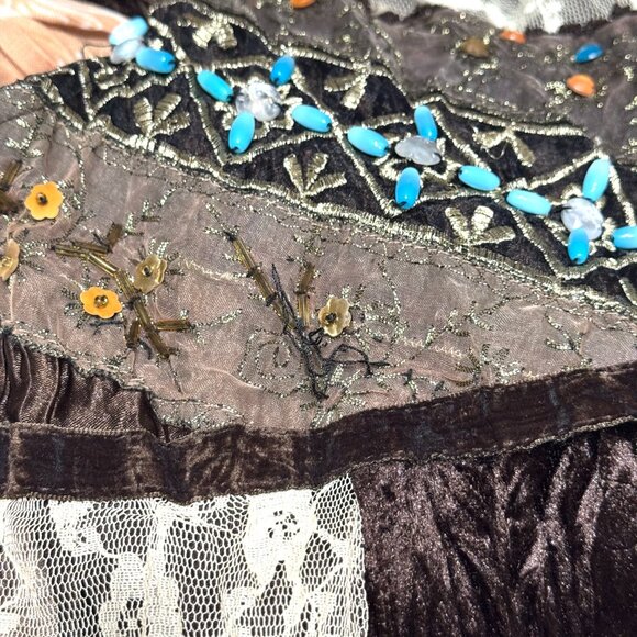 Vtg Y2K Papaya Patchwork Babydoll Dress Brown Beaded Lace Festival Eclectic Boho - Picture 13 of 16